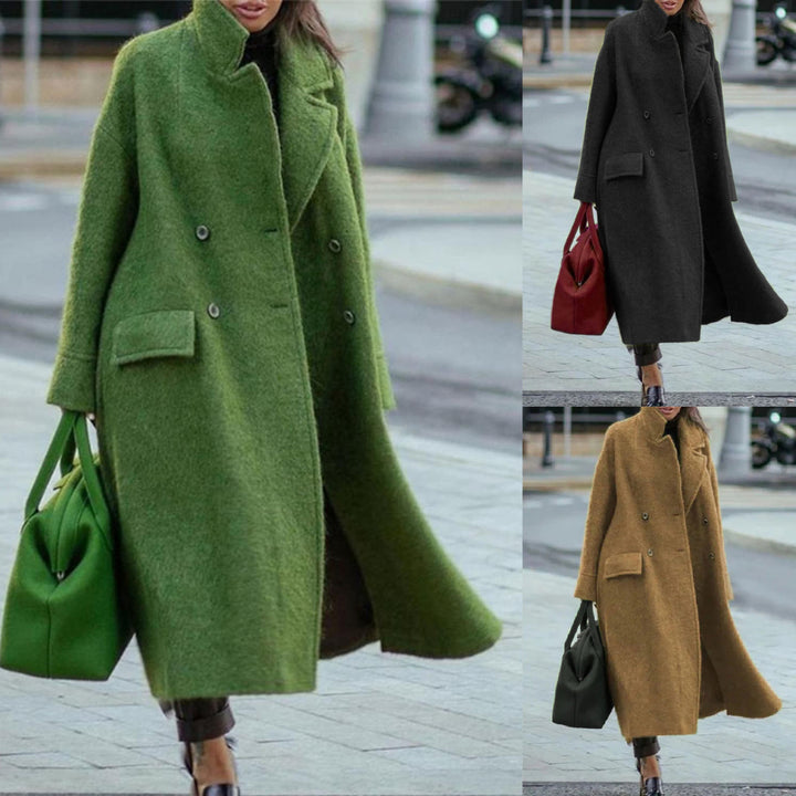 Ladies nan cape-like double-breasted wool coat with a wide fall, high stand-up collar, and flap pockets Mune Fashion