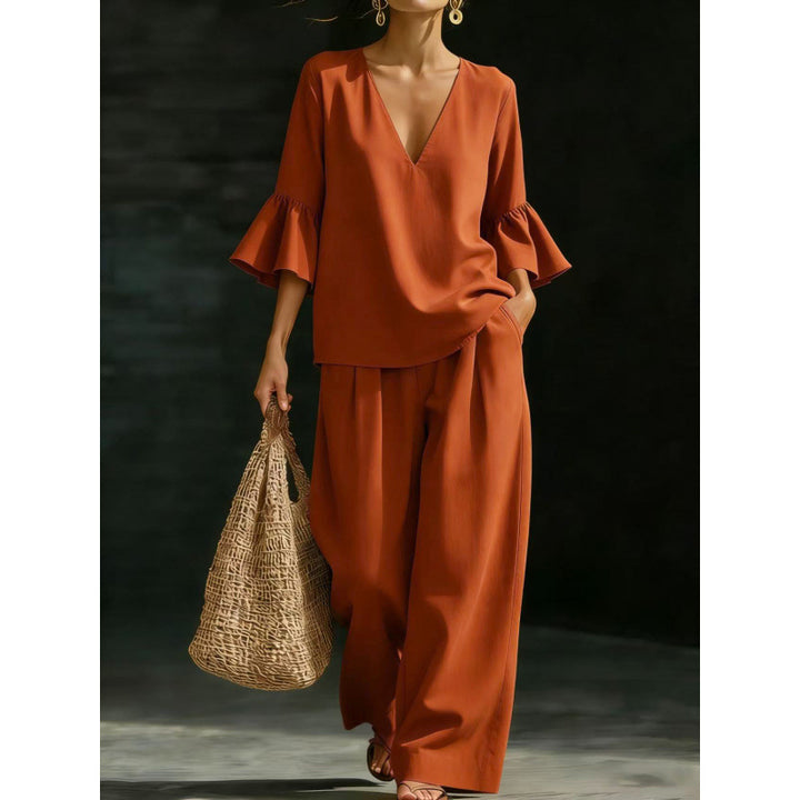 Women's Two-Piece V-Neck Tunic Set with Ruffle Sleeves and Wide High-Waisted Palazzo Pants Mune Fashion