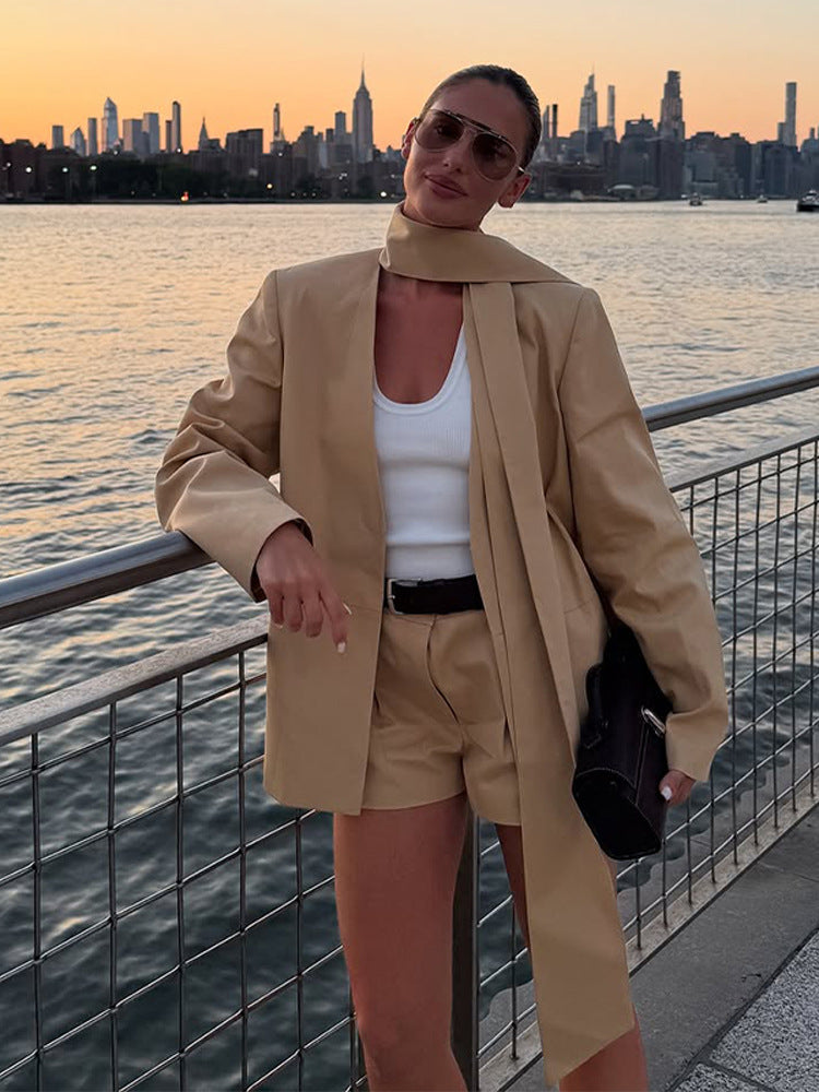 Women's Two-Piece Blazer Set with Long Shawl Collar and High-Waisted Shorts Mune Fashion