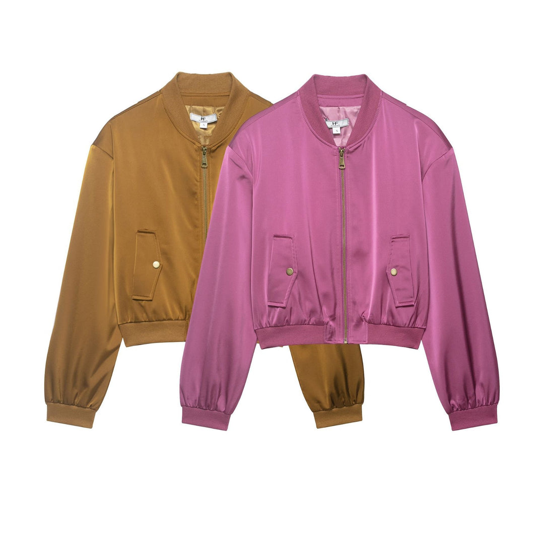 Women's cropped satin bomber jacket with ribbed hem and applied flap pockets Mune Fashion