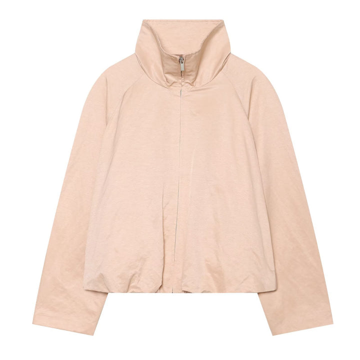 Women's Short Windbreaker Blouson with High Stand Collar, Raglan Sleeves, and Drawstring Hem