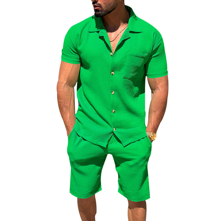 Men's casual two-piece leisure set made of ribbed jersey with shirt collar button placket and shorts Mune Fashion