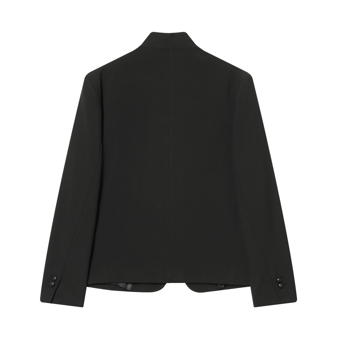 Women's tailored stand collar blazer with hidden asymmetrical front and decorative buttons Mune Fashion
