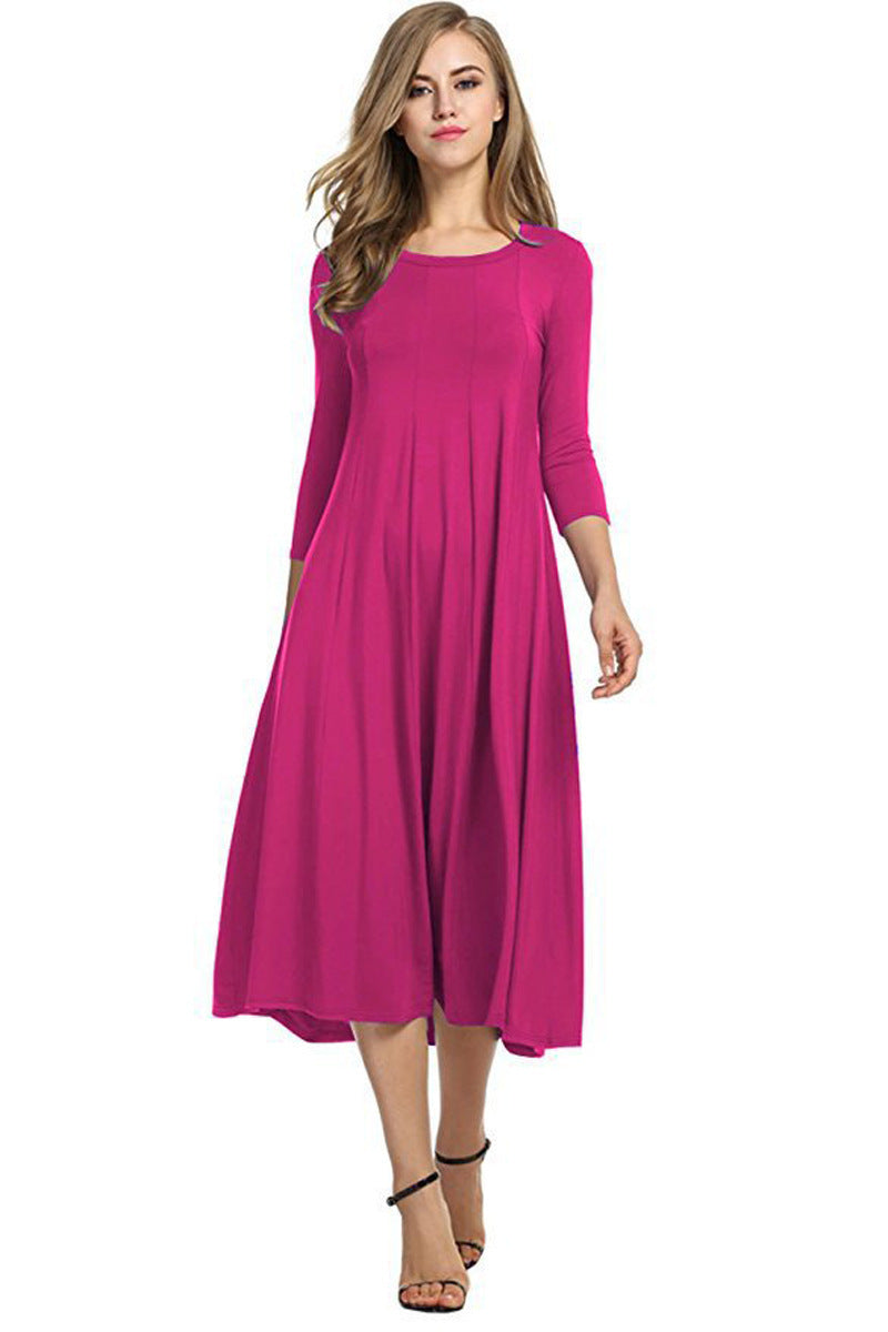 Women's Long A-Line Midi Dress made of Stretch Jersey with Three-Quarter Sleeves and Side Pockets Mune Fashion