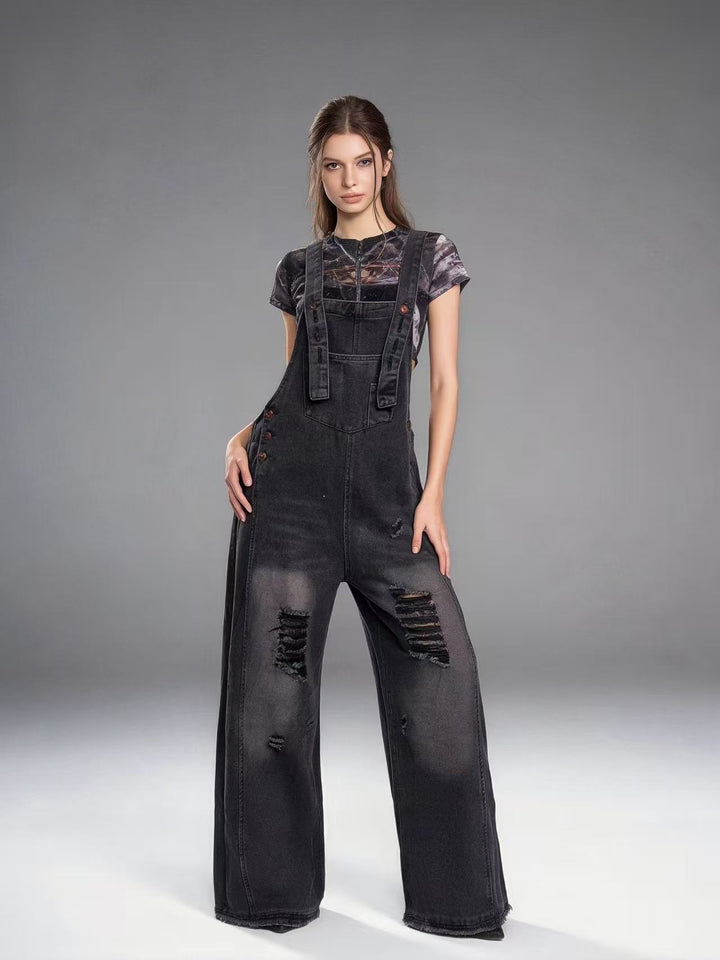 Women's modern baggy overalls made of pigment-dyed stretch denim with adjustable straps and visible rips Mune Fashion