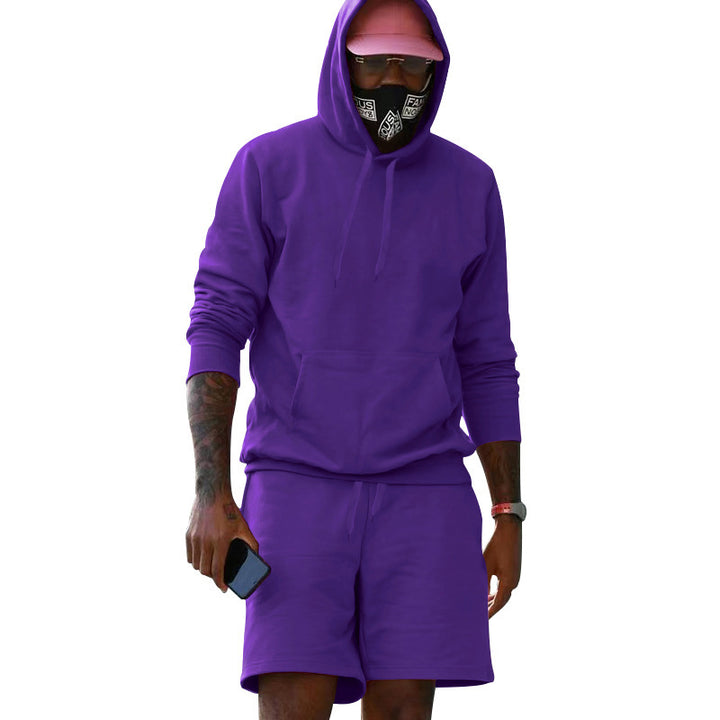 Men's two-piece leisure set hoodie and sweat shorts made of French Terry with kangaroo pocket and drawstring Mune Fashion