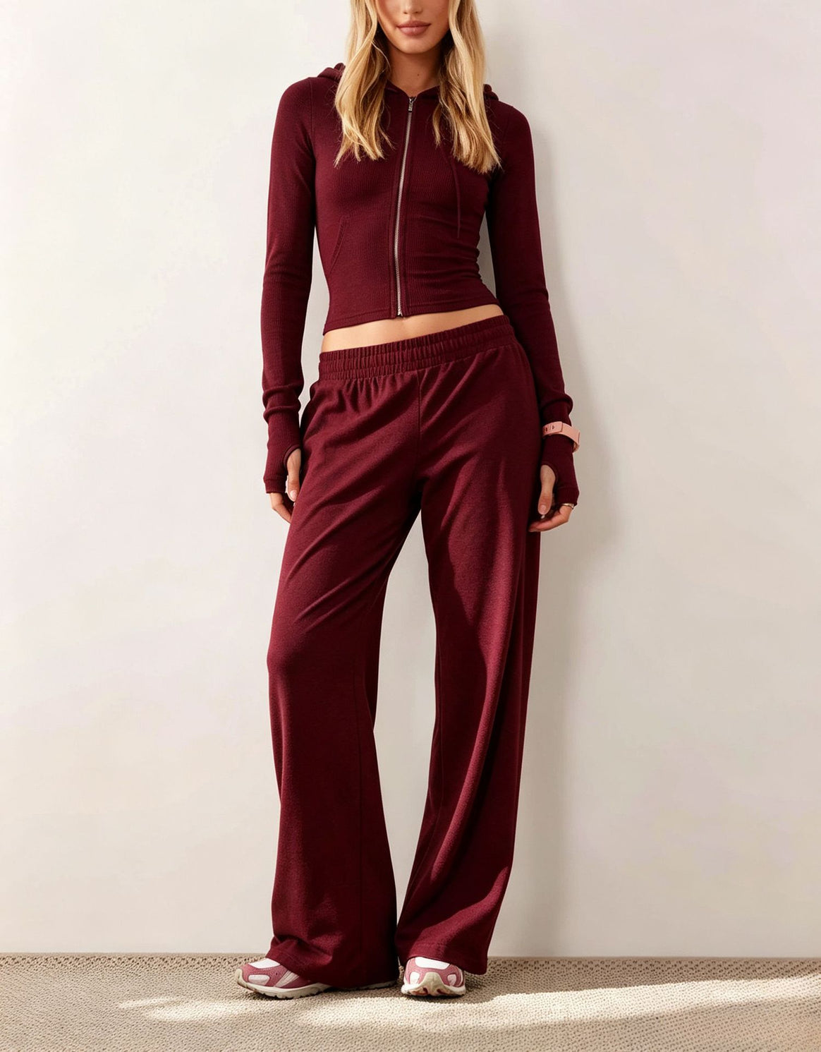 Women Two-Piece Loungewear Set Ribbed Crop Hoodie with Zipper and Thumb Hole as well as Loose Sweatpants Mune Fashion