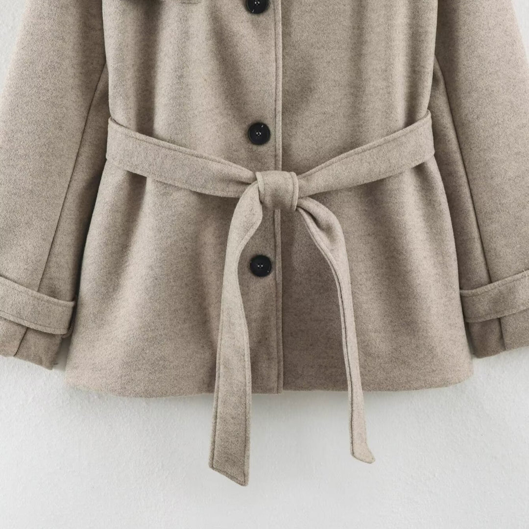 Women’s short trench coat made of wool blend with stand-up collar, epaulettes, and tie belt Mune Fashion