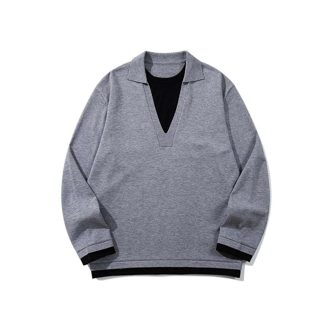 Unisex Casual Oversized Knit Sweater with Deep V Insert and Shirt Layer Look Mune Fashion