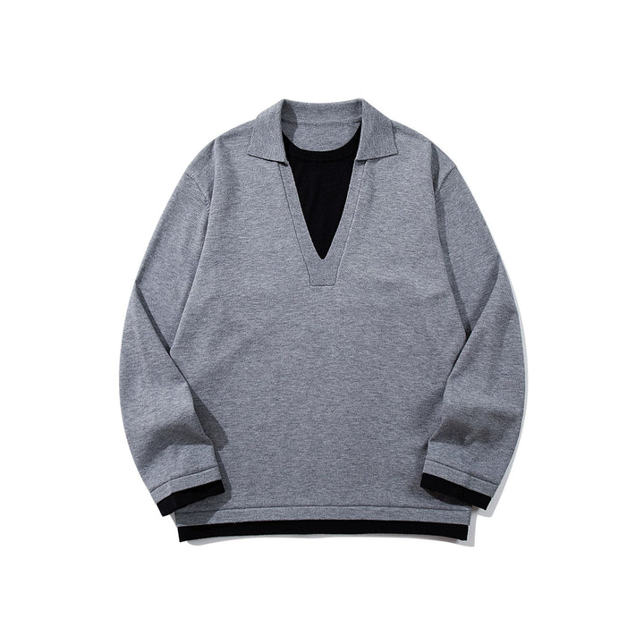 Unisex Casual Oversized Knit Sweater with Deep V Insert and Shirt Layer Look Mune Fashion