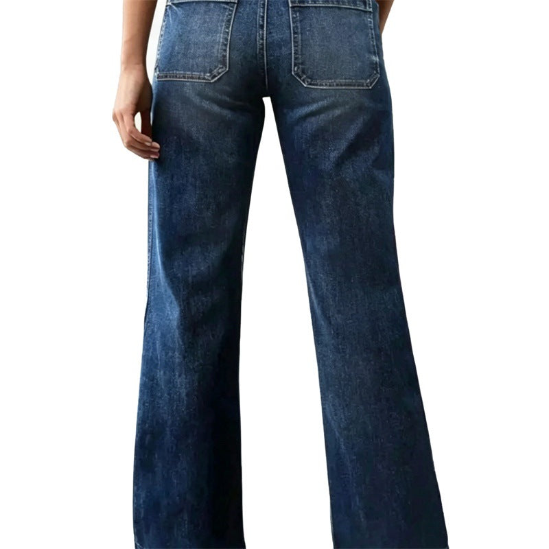 Women High-Waisted Denim Jeans with Wide Flared Legs and Patch Front Pockets Mune Fashion