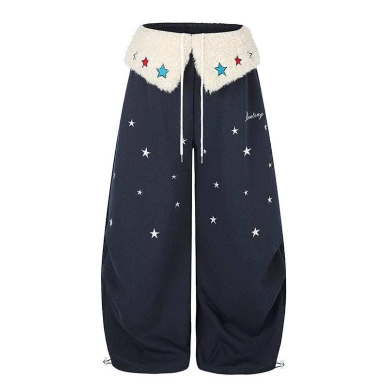 Women's Extra Wide Palazzo Jogging Pants with Teddy Waistband, Drawstring, and Star Embroidery Mune Fashion