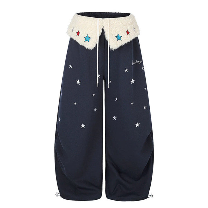 Women's Extra Wide Palazzo Jogging Pants with Teddy Waistband, Drawstring, and Star Embroidery Mune Fashion