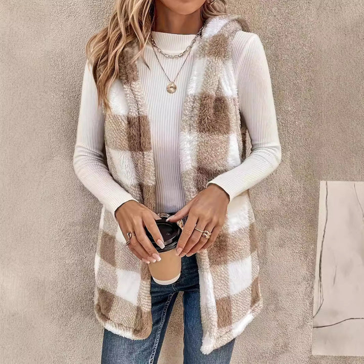 Women Sleeveless Teddy Vest with Hood and Check Pattern Mune Fashion