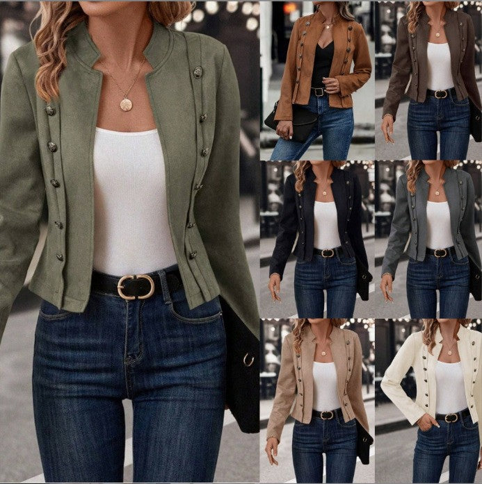 Women's fitted military short jacket with stand-up collar and decorative double button placket Mune Fashion