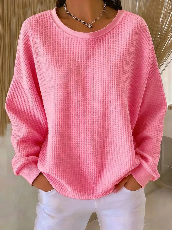 Women’s Oversize Waffle Knit Sweatshirt with Round Neck Mune Fashion