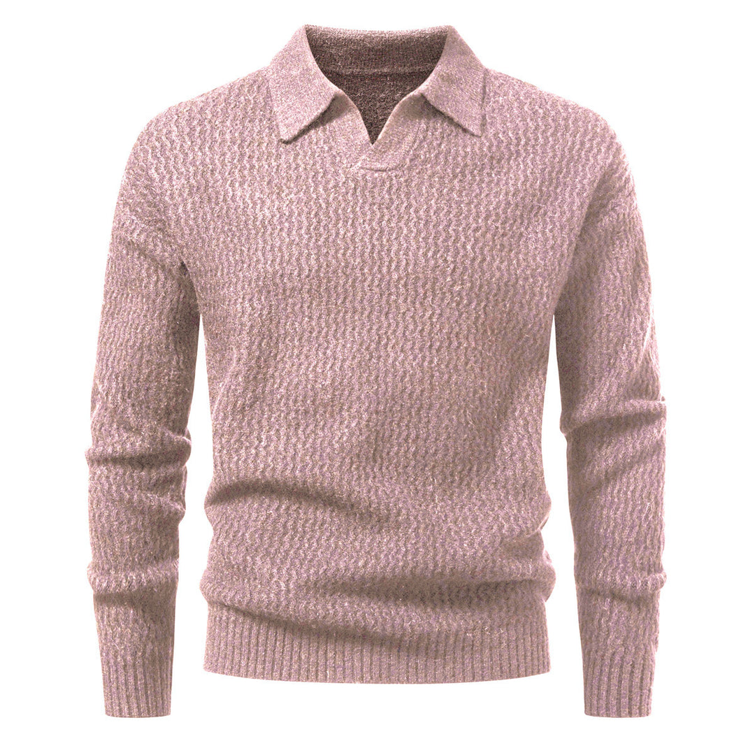 Men's polo collar fine knit sweater with textured wave design and ribbed hem Mune Fashion