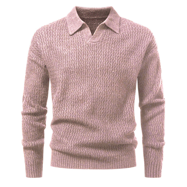 Men's polo collar fine knit sweater with textured wave design and ribbed hem Mune Fashion
