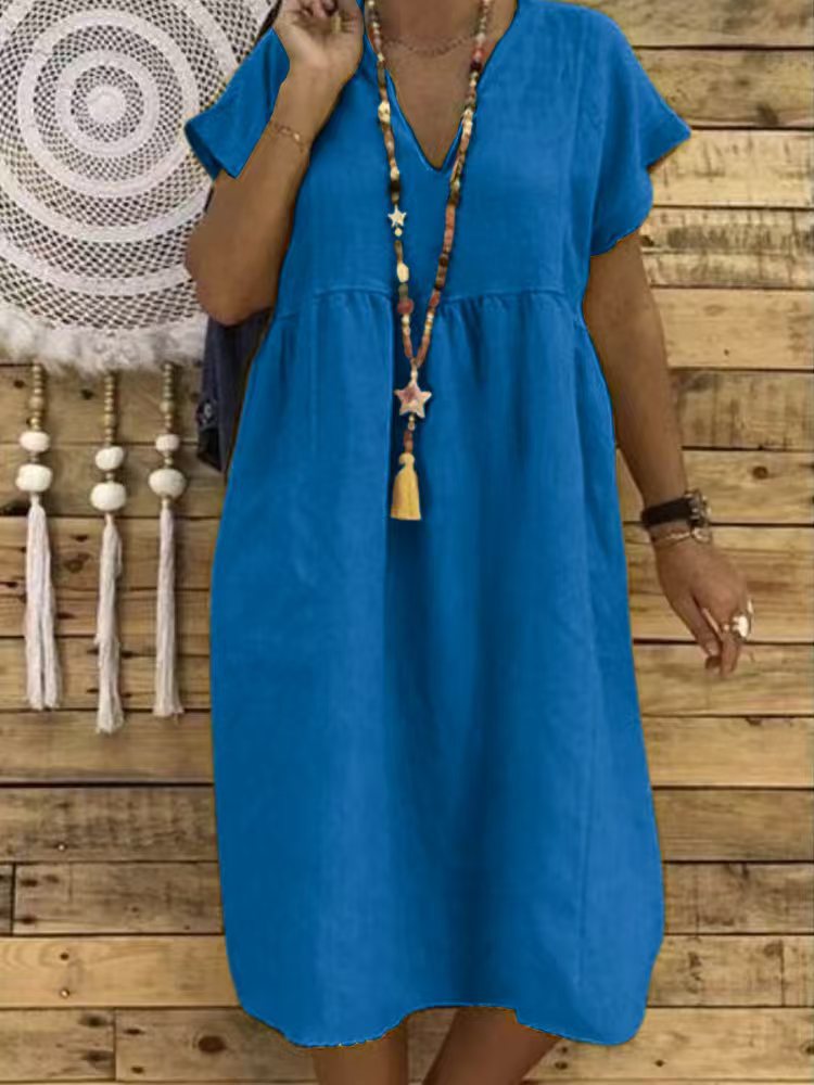 Women's Linen Maxi Dress with V-Neck and Ruffle Details Mune Fashion