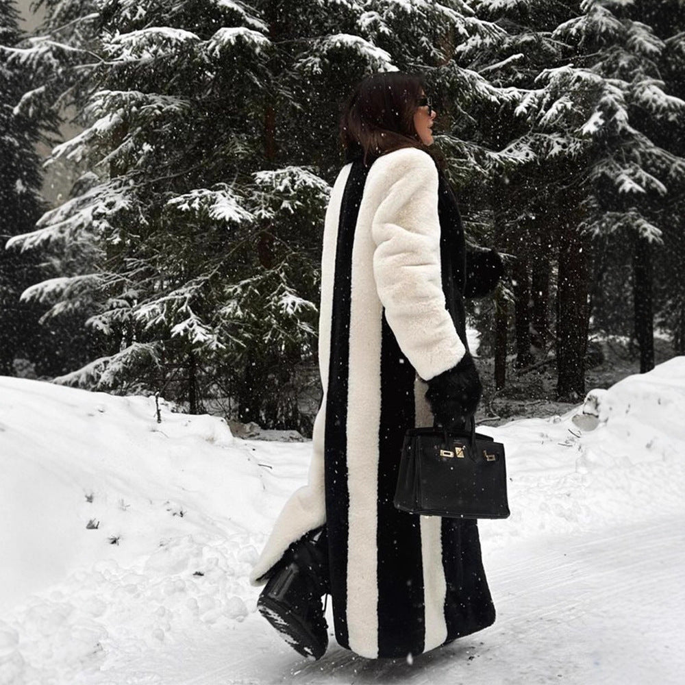 Women's Long Teddy Fur Coat with Contrast Hood Mune Fashion