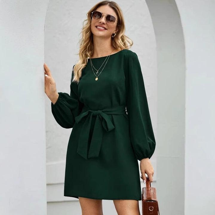 Ladies' elegant sheath dress with balloon sleeves and waist belt Mune Fashion