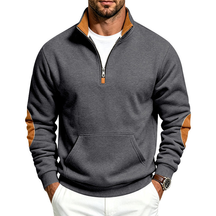 Men's Troyer sweater with half zip, kangaroo pocket, and elbow patches Mune Fashion