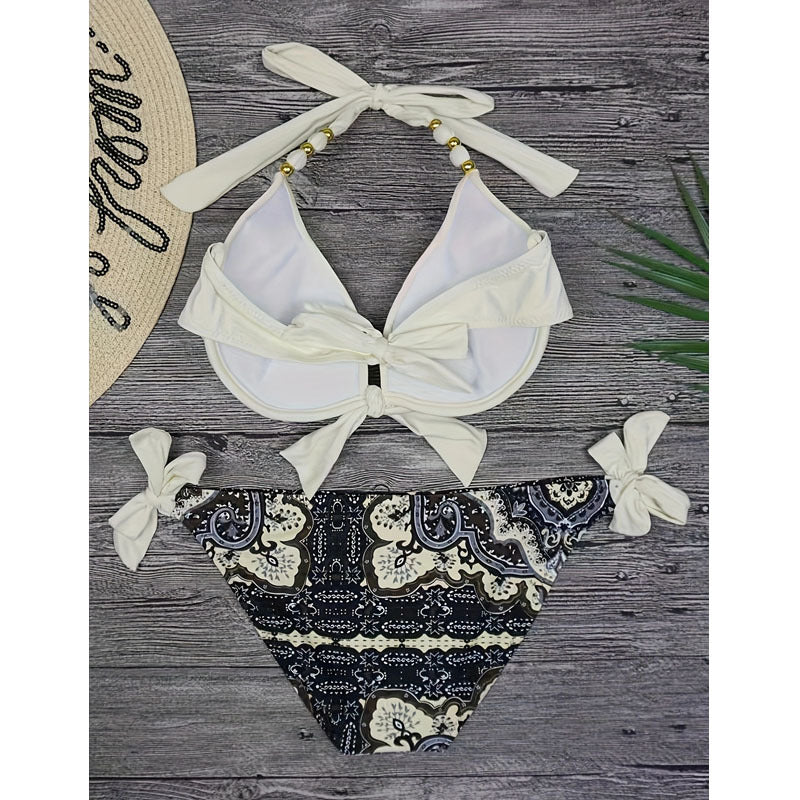 Women's triangle bikini with elaborately decorated straps and harmonious pattern Mune Fashion