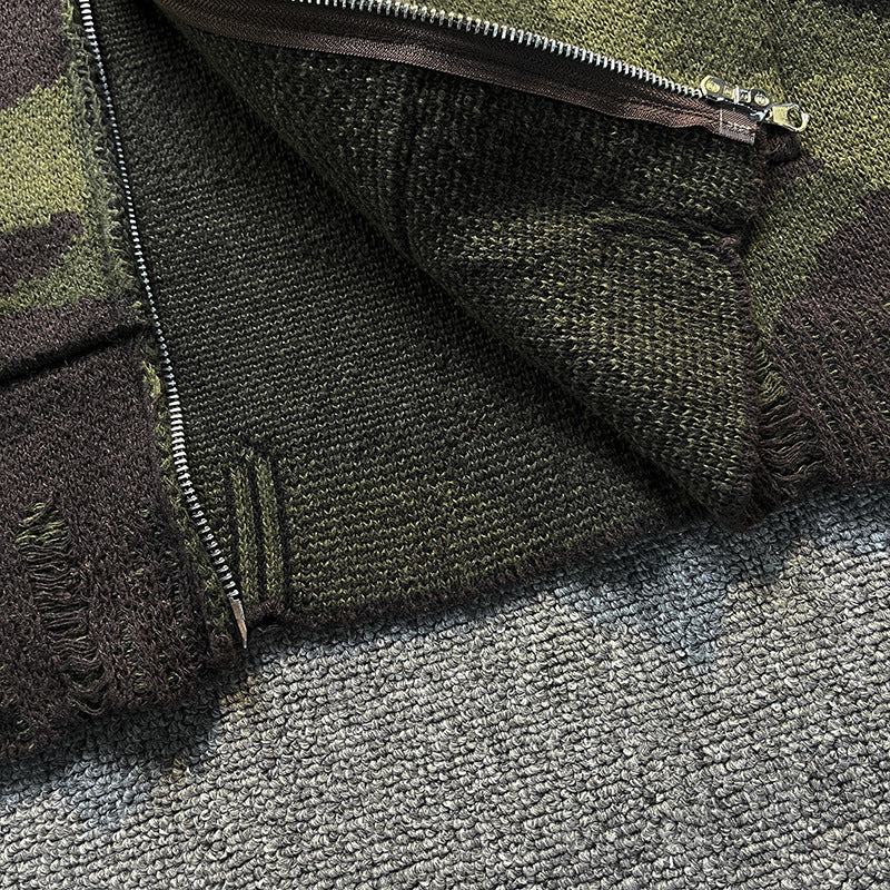 Men's knit hoodie jacket in camouflage look with zipper and used details Mune Fashion
