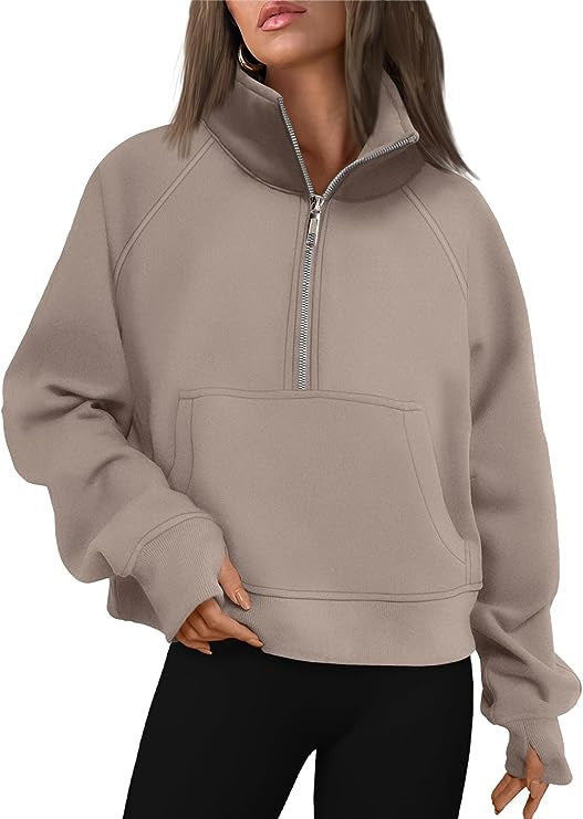 Women's cropped half-zip sweatshirt with high stand-up collar, kangaroo pocket, and drop shoulder Mune Fashion