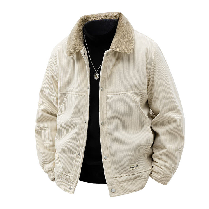 Men's  ribbed corduroy snap-front workwear jacket with sherpa-lined collar and angled hand pockets Mune Fashion