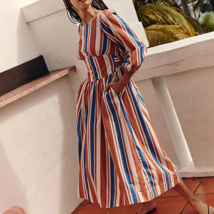 Women's Striped Midi Dress with Fitted Bodice, 3/4 Sleeves and Side Pockets Mune Fashion