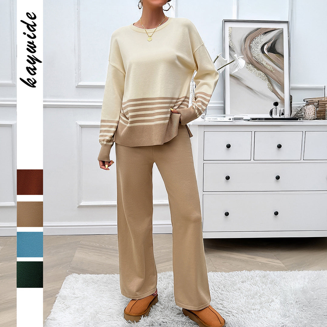 Ladies casual knit lounge set with striped round neck sweater, raglan sleeves and wide high-waisted pants Mune Fashion