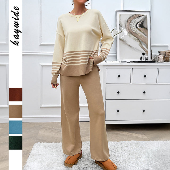 Ladies casual knit lounge set with striped round neck sweater, raglan sleeves and wide high-waisted pants Mune Fashion