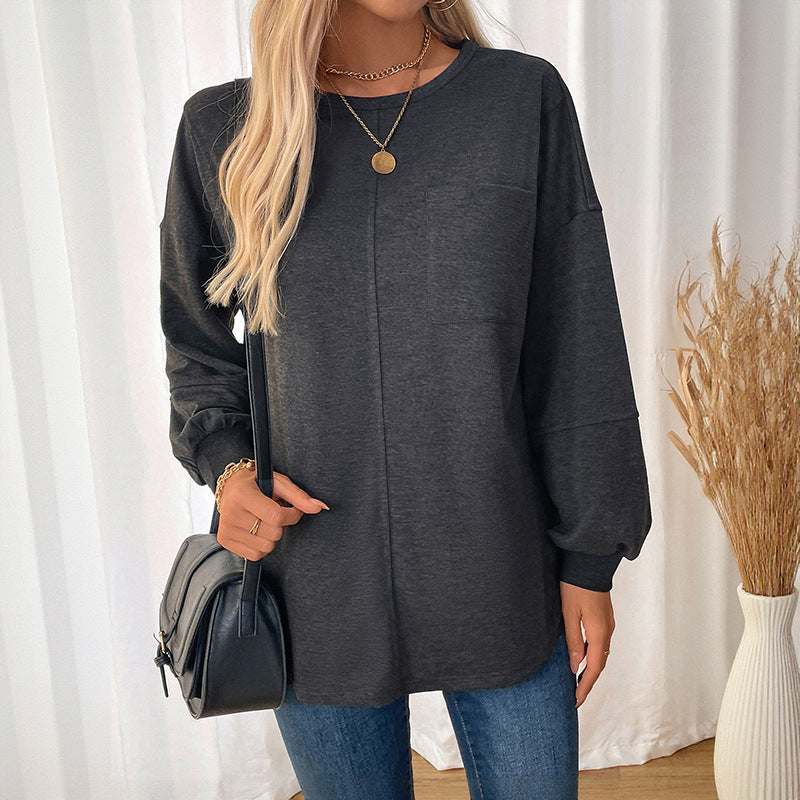 Women's Casual Long Sleeve Jersey Shirt with Central Decorative Seam, Round Neck & Rounded Hem Mune Fashion