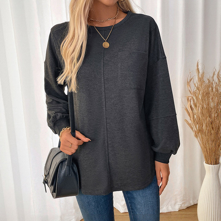 Women's Casual Long Sleeve Jersey Shirt with Central Decorative Seam, Round Neck & Rounded Hem Mune Fashion