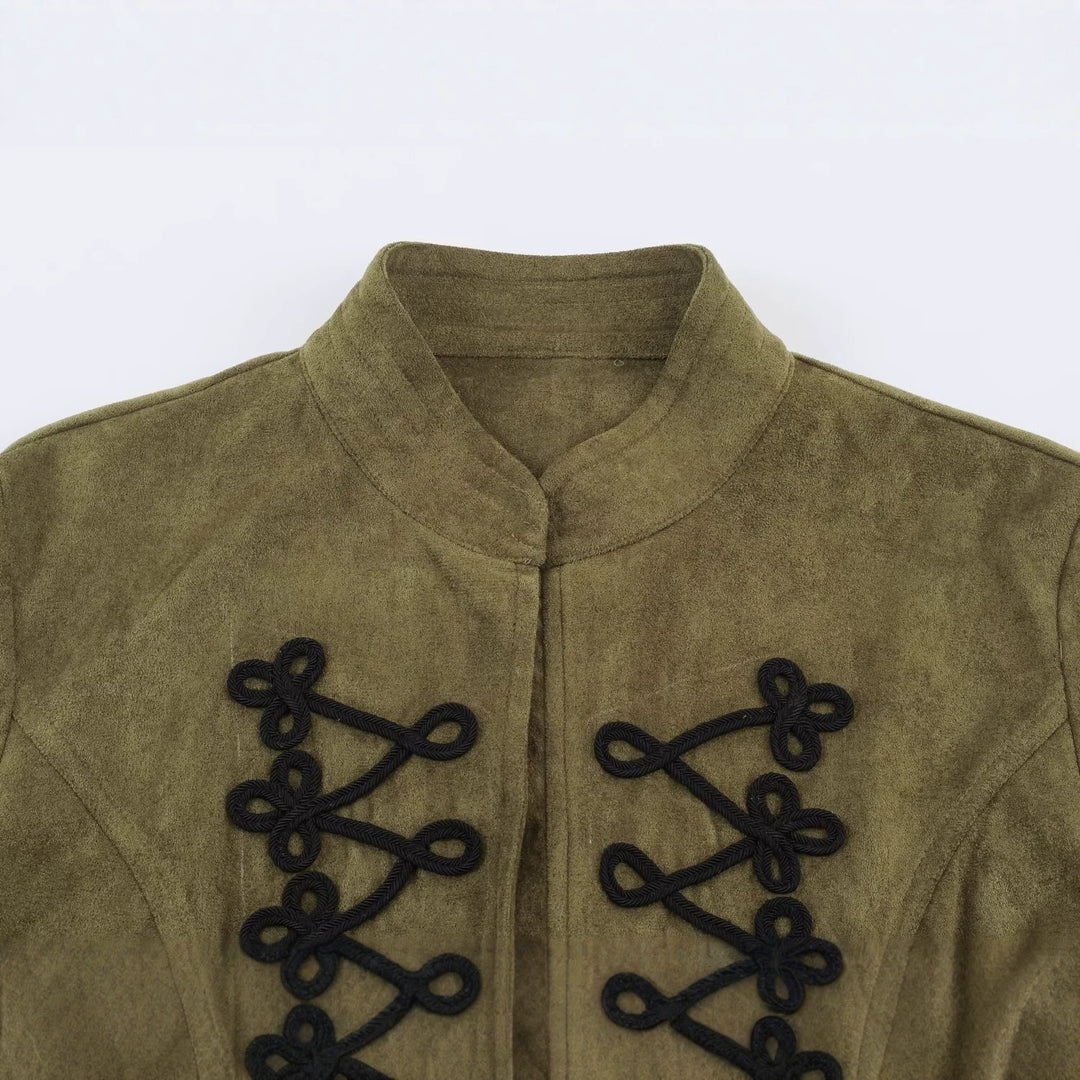 Women's short jacket in faux suede with decorative knot details and stand-up collar Drune