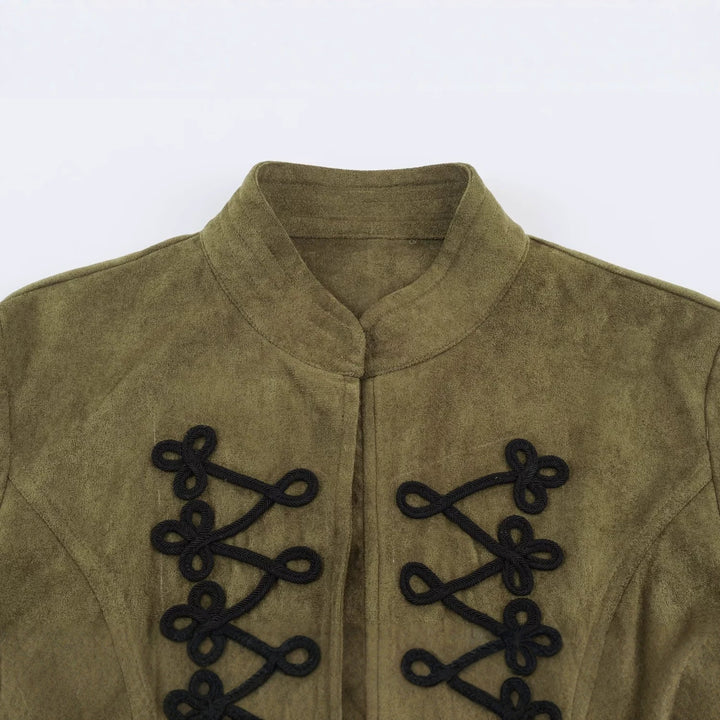 Women's short jacket in faux suede with decorative knot details and stand-up collar Drune