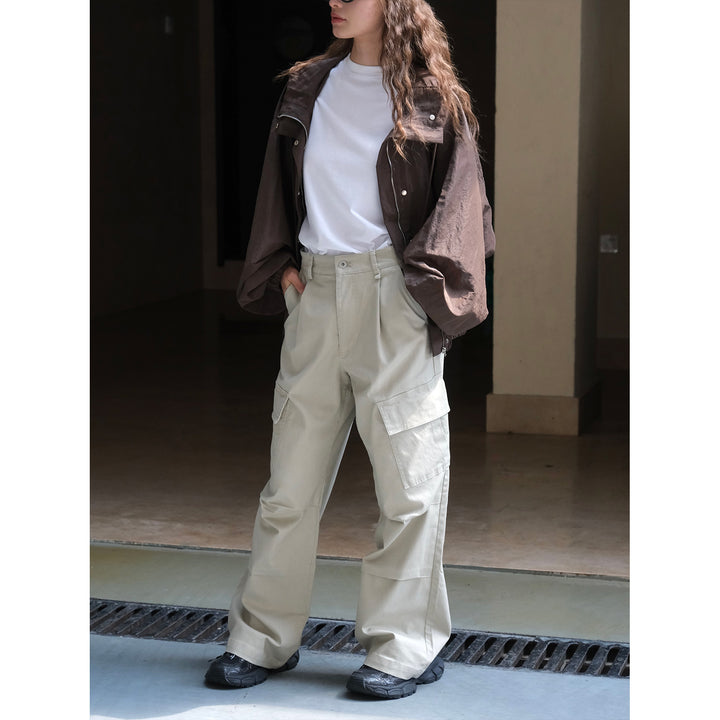 Women's Wide Cargo Palazzo Pants with Pleats and Large Flap Pockets Mune Fashion