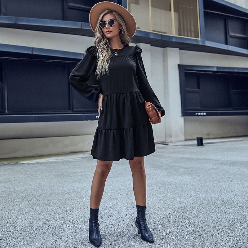 Ladies A-line tiered dress with long sleeves and delicate frills Mune Fashion