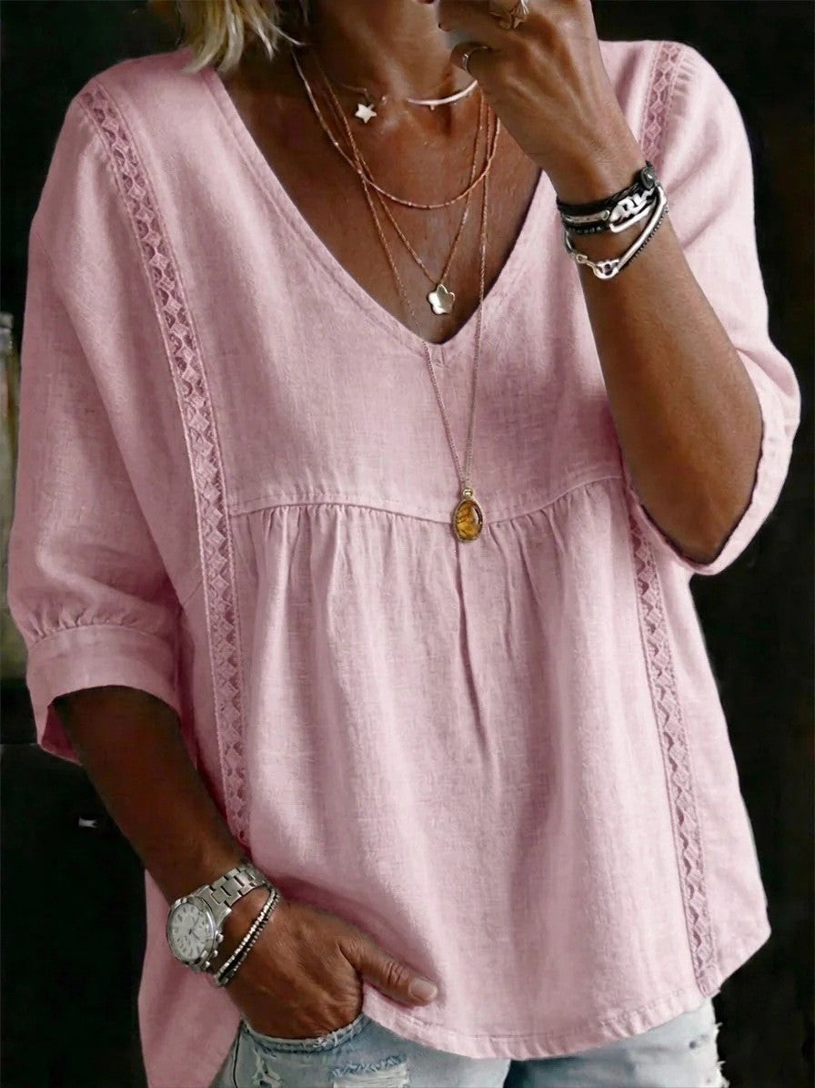 Women Loose V-Neck Linen Blouse with Lace and 3/4 Sleeves Mune Fashion