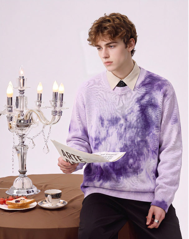 Men's Oversized Knit Sweater with Tie-Dye Look, Round Neck and Ribbed Cuffs Mune Fashion