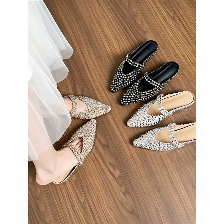Women pointed toe Mule with sparkling crystal applications and strap Mune Fashion