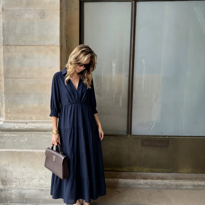 Women’s midi dress in tiered look with shirt collar, V-neck and gathered waist seam Mune Fashion