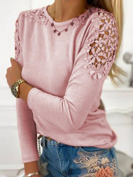 Women long-sleeved fine knit shirt with crochet lace shoulder inserts and round neck Mune Fashion