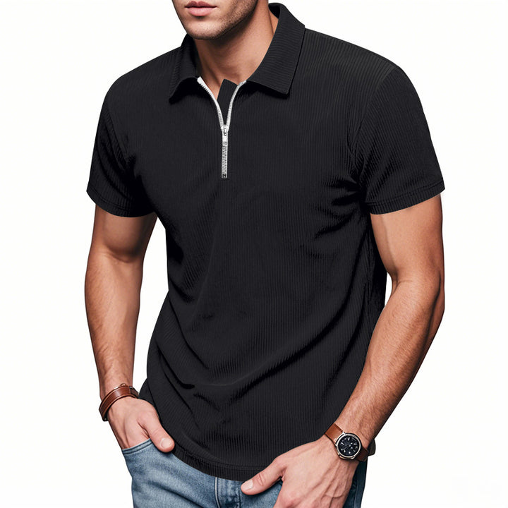 Men's short-sleeved polo with a short zipper at the collar and fine ribbed texture Mune Fashion