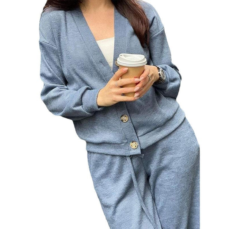 Women's Knit Loungewear Set with V-Neck Cardigan and Wide Drawstring Pants Mune Fashion