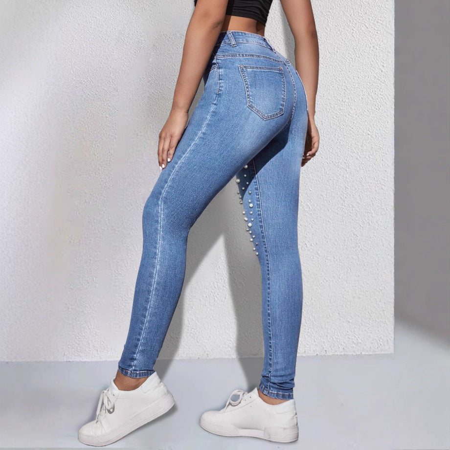 Women High-Rise Sculpting Skinny Jeans with Asymmetric Pearl Pattern Mune Fashion