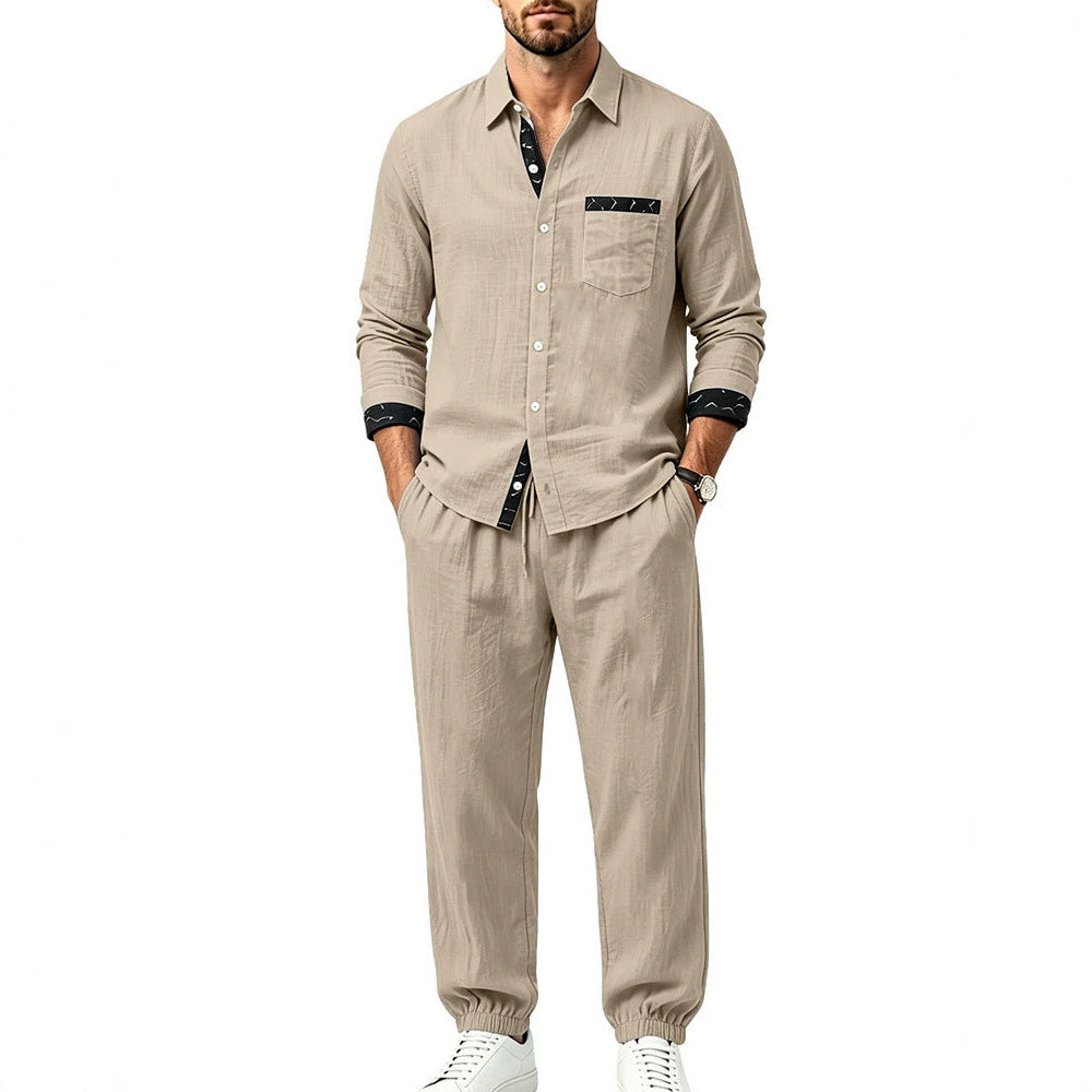 Men's Lightweight Cotton Loungewear Two-Piece Set with Shirt and Drawstring Joggers Mune Fashion