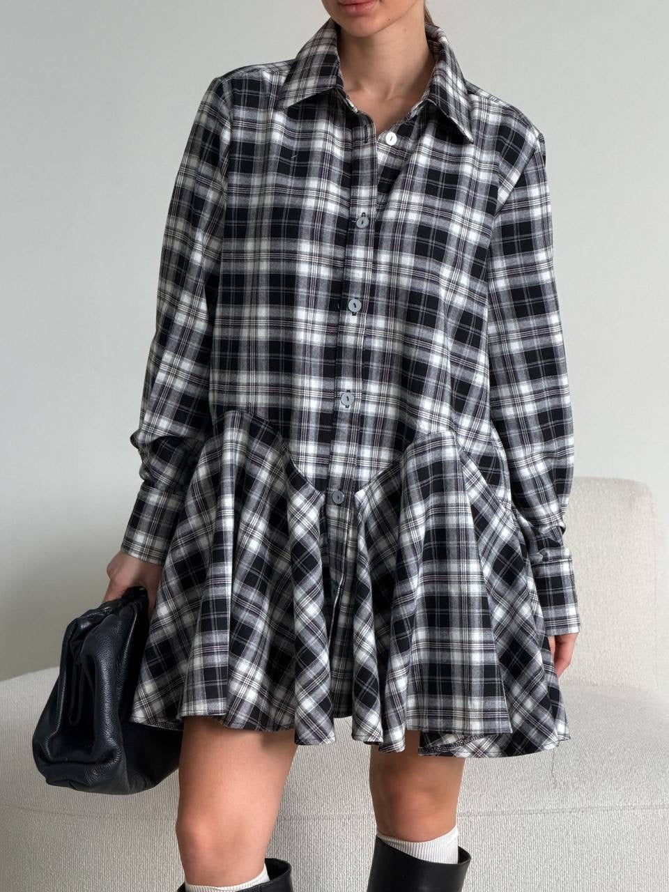 Women's Checked Shirt Blouse Mini Dress with Flared Ruffle Waist Mune Fashion