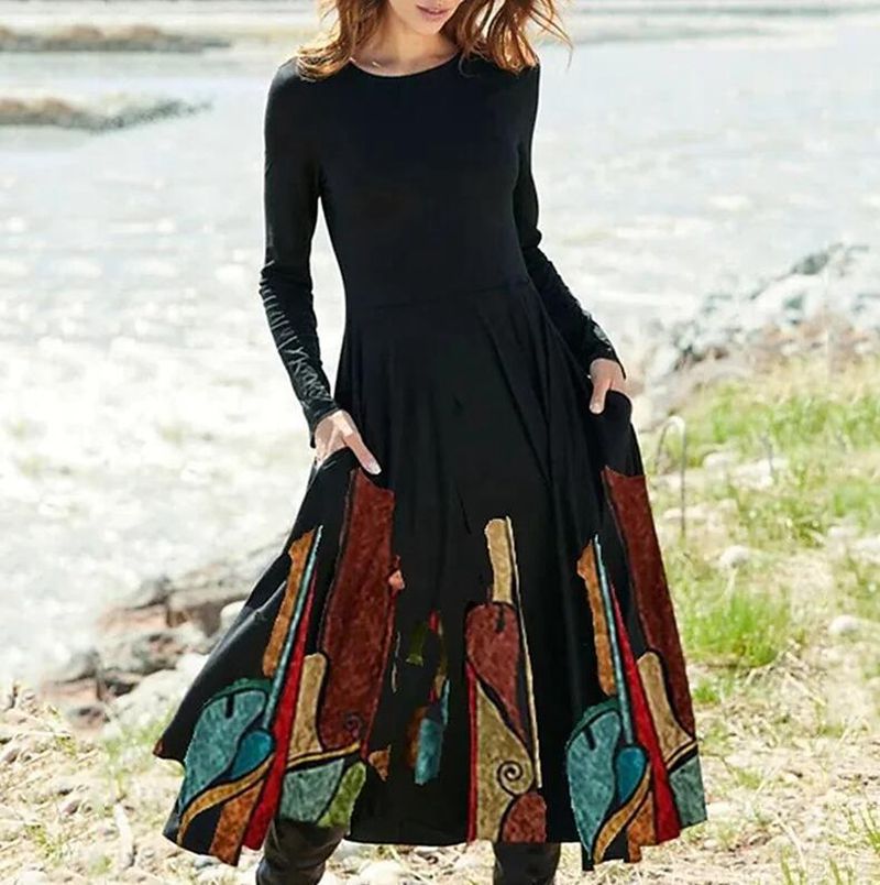 Women's Boho Maxi Dress with tailored empire waist, long sleeves, and side pockets Mune Fashion